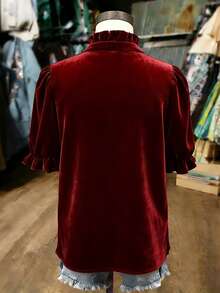 SHEIN Franclia 女士纯色荷叶边下摆休闲百搭日常衬衫 - 酒紅色 - 查看 3