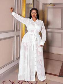 Maweii Vestido elegante de manga larga y transparente con botones delanteros para tallas grandes - Blanco - Ver 3