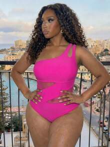 Slaydiva 2026 New Women's Spring/Summer Solid Color Patchwork One-Piece Plus Size Swimsuit For Beach - Hot Pink - View 1