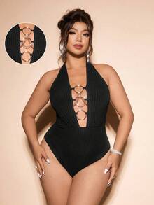 Cravure Plus Size 's Knitted Striped Metal Buckle Decor Bodysuit,70's Summer Night Out Club Party Style,Suitable For Vacation&Music Festivals - Black - View 1