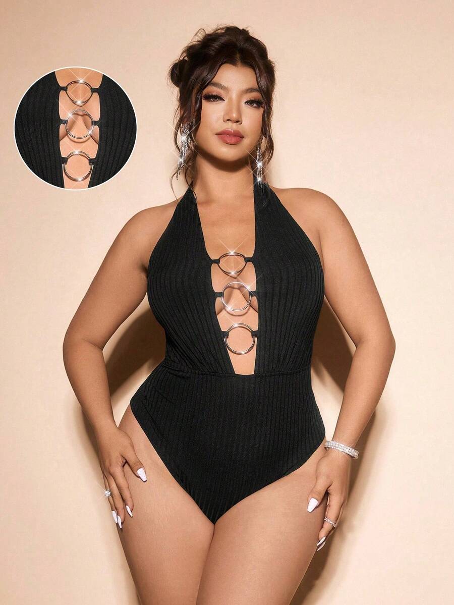 Cravure Plus Size 's Knitted Striped Metal Buckle Decor Bodysuit,70's Summer Night Out Club Party Style,Suitable For Vacation&Music Festivals - Black - View 1