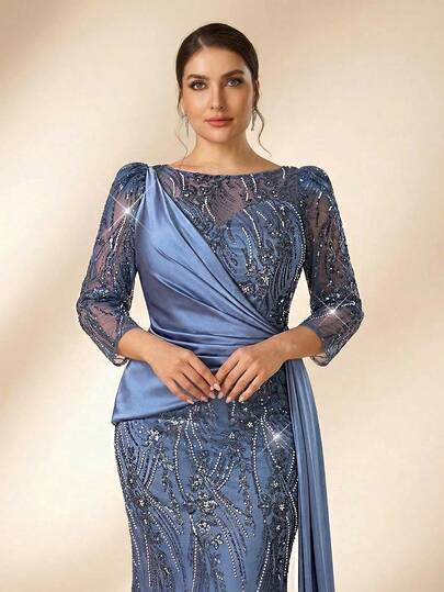 Serin Plus Size Elegant Romantic Hazy Blue Round Neck Short Sleeve Luxury Sequins Embellished Elastic Knit Ruched Mermaid Hem Dress, Suitable For Wedding, Party, Celebration, Formal Evening, Mother Of The Bride Gown Blue Evening Gown Mother Of Groom Dress For Wedding Formal Dresses For Women Mother Bride