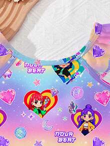 SHEIN 卡通少女肖像，亮紫色，卡通少女群像印花图案，甜美休闲短袖连体泳衣，春夏款 - 彩色 - 查看 3