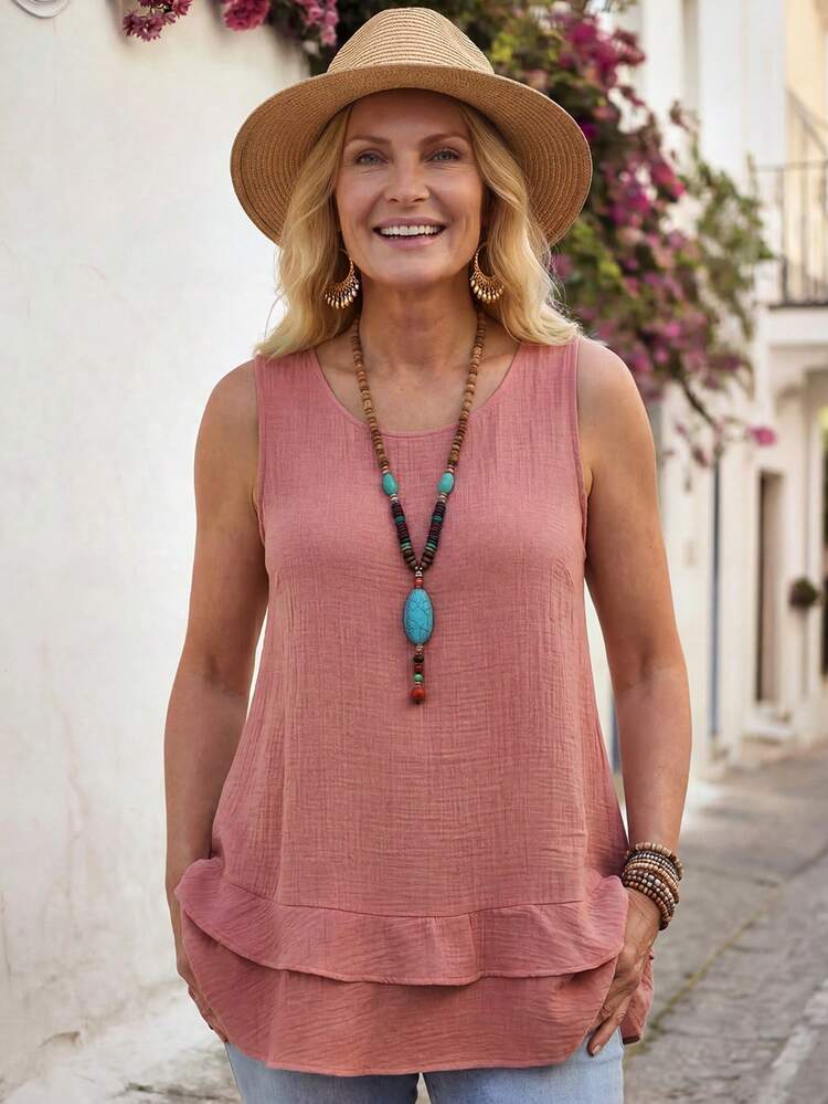 Plus Size Women's Summer Casual Vacation Country Solid Color Simple Everyday Style Round Neck Sleeveless Pink Tank Top Vest,Casual Holiday Style,Summer Outfits For Women ,Vacation Outfits Women ,Holiday Outfits For Women,Going Out Outfits, New Clothes,Simple And Fashionable For Everyday Wear,Suitable For Summer, Vacation, Daily Wear, Festival Outfits For Women,Country Concert Outfit,Beach Outfits For Women,Western Style,,Gifts For Mother,Boho  Top