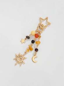 ROMWE Fairycore 1 Piece Bohemian Style Multi-Colored Crystal Beaded Tassel Keychain, Star, Moon And Sun Pendant Keychain, For Decoration, Bag Pendant, Gifts For Classmates, Friends And Family - Yellow Gold - View 2