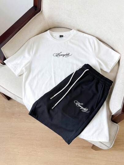 Manfinity Unisex Men's Letter Print Short Sleeve T-Shirt And Shorts Knit Casual 2-Piece Set