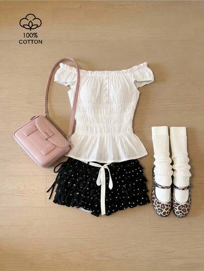 Elamini Women's Lace Patchwork Button Closure Waist Cinched Off-Shoulder Ruched Blouse White Short Set White Skirt And Top Set Women Summer 2 Pieces Sets Linen Two Piece Set Mesh Two Piece Set