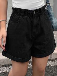 Dazy Plus Quần short denim xanh nhạt dáng rộng, cạp chun, ống bo gấu, thích hợp cho mùa hè. - màu đen - Xem 3