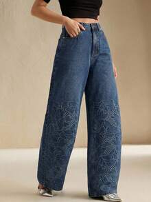 Anewsta Vår/sommar Blå personliga broderade vida ben, damjeans med hög midja och lösa, smalnande ben - Blå - Visa 5