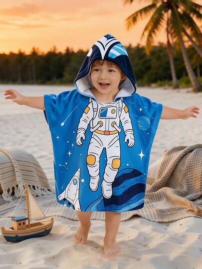 SHEIN Bubblio 1pc Young Boys' Funny Astronaut Print Beach Cover-Up, Suitable For Outdoor, Vacation, Swimming, Hot Spring, Swimwear Cover-Up