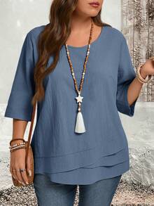 EMERY ROSE Plus Size Asymmetric Hem Dusty Blue Blouse For Women,Boho Casual Country Shirts,Autumn Vacation Tops,Summer Festival Outfits,Spring Bohemian Clothing - Dusty Blue - View 1