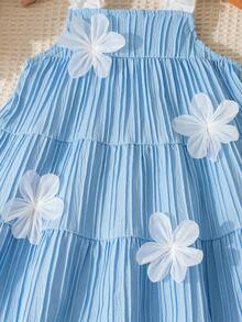 SHEIN Vintaside Kids 女婴浅蓝色可爱3D立体花朵荷叶边吊带连衣裙，适合夏季休闲、度假、甜美、优雅、通勤等场合穿着 - 藍色 - 查看 6