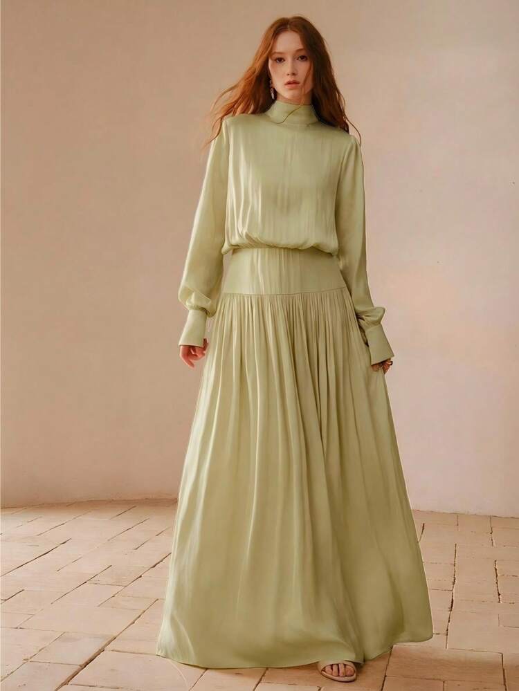 SPRING/SUMMER FASHIONABLE SATIN PLEATED HIGH NECK CINCHED WAIST PLEATED DRESS FOR WOMEN