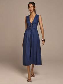COSMINA Vestido largo azul elegante para mujer, sin mangas, diseño de cuello en V con lazo delantero, vestido de línea A - Azul Marino - Ver 3