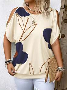 Breezaya 大码度假风植物印花露肩T恤，适合休闲场合，女士上衣 - 彩色 - 查看 5