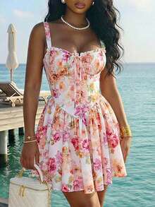 Slaydiva 全新春夏款式，日常约会完美之选，优雅迷人，适合海滩度假、邮轮派对等各种场合。简约时尚，也适合生日派对，优雅浪漫的法式公主裙。粉色碎花印花，方领，宽肩带，胸部采用褶皱设计，搭配细肩带文胸，A字弹力裙摆。女士短款连衣裙 - A - 彩色 - 查看 4