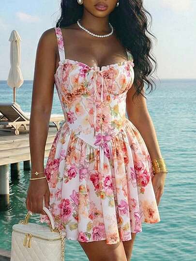 Slaydiva New Spring/Summer Style, Perfect For Everyday Dates, Elegant And Charming, Suitable For Beach Vacations, Cruise Parties, And Other Occasions. Simple And Stylish, Also Suitable For Birthday Parties, Elegant And Romantic French-Style Princess Dress. Pink Floral Print, Square Neckline, Wide Shoulder Straps, Gathered Bust With Strappy Bra, Elasticated A-Line Skirt. Women's Short Dress - A