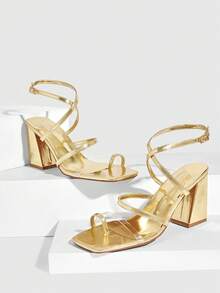 CUCCOO SZL Women's Gold PU Toe-Ring Buckle Strap Fashionable Square Toe Chunky Heel Sandals Prom Heels - Gold - View 2