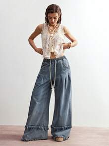 SHEIN BohoFeels Women's Loose Wide Leg Woven Denim Pants, Suitable For Spring/Summer Vacation - Medium Wash - View 7