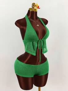 Amplova Deep V-Neck Halter Tie-Up Super Low Waist Striped Mini Shorts 2 Pieces Set - Green - View 4