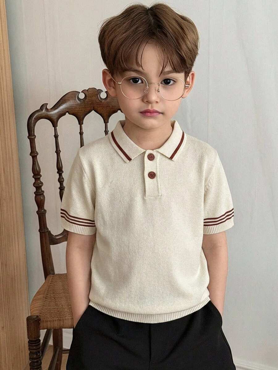 DAZY Áo len cổ polo tay ngắn kẻ sọc cho bé trai, kiểu dáng thường ngày, thích hợp cho mùa hè. - Màu be - Xem 1