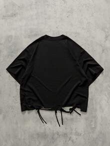 ROMWE MEN Essentials Camiseta de manga corta casual minimalista de unicolor y desgastada para hombres - Negro - Ver 3
