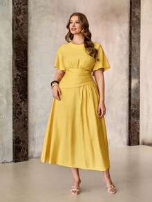 Roveilla Women's Mustard Yellow Summer Elegant Tea Party Dress,French Vintage Chiffon Round Neck Puff Sleeve Cinched Waist Ruched Gown Wedding Guest Dress - Light Yellow - View 4