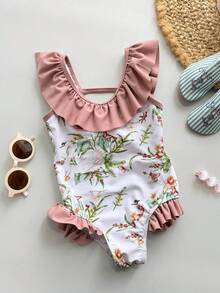 Dazy Kids Bộ đồ bơi liền thân xếp nếp in hoa cho bé gái - Hồng - Xem 4