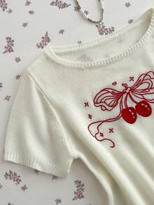 Elamini Women's Spring/Summer All-Match Versatile Cute Sweet Bow & Cherry Embroidery Knit Top - White - View 5