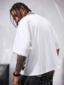 AXEPEAK 男士字母宽松针织圆领短袖 T 恤，适合夏季，街头潮流版，Emo，2000 年代风格 - 白色 - 查看 3