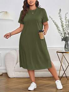SHEIN Essnce Plus Size Solid Color Round Neck Regular Shoulder Short Sleeve Simple Slit Hem Summer Casual Dress - Army Green - View 7