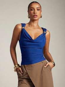 Hauture Women's Basic Casual Office Ruched Shoulder With Gold Decor Cowl Neck Top - Navy Blue - View 3