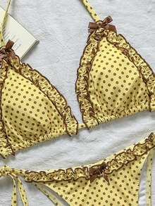 Swim Mod 2pcs/Set Brown And Yellow Polka Dot Bikini,Summer Cute Retro Vintage Beach Holiday Ruffle Bow Halter Triangle Top Side Tie Bathing Suit - Yellow - View 5