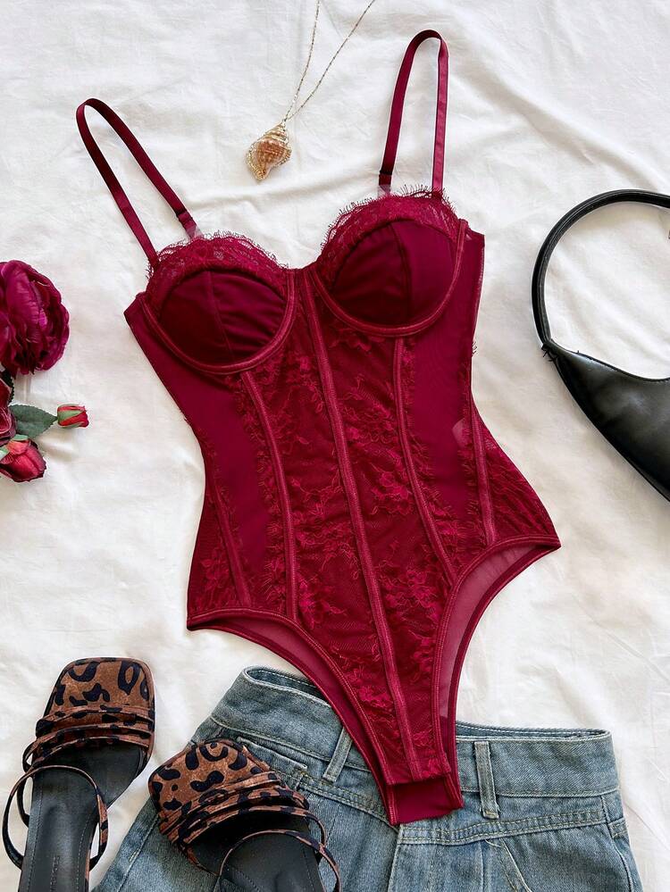 SHEIN WYWH Leopard Print Bustier Lace Trim Camisole, Sexy Vacation, Party, Date, Valentine's Day, Afternoon Tea Wear - Burgundy - View 1