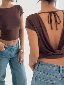 SHEIN EZwear 女士休闲棕色针织露背短袖露脐T恤 - 咖啡棕 - 查看 8