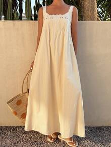 Livesso 女士优雅派对假日复活节无袖宽松棉质中长连衣裙，适合夏季度假 - 米色 - 查看 8