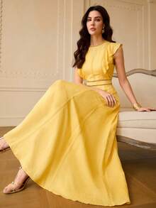 ZEYLAH Linen Hollow Embroidered Lace Patchwork A-Line Dress, Spring/Summer - Yellow - View 6