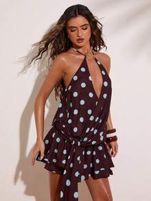 SHEIN BAE Women's Chic Brown Polka Dot Summer Backless Mini Dress, Halter Neck Metal Decor Casual Sexy Vacation Beach Club Dress, Stylish Party Night Outing - Brown - View 1