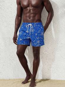 Surfspeed Pantalones cortos de playa casuales con cordón y estampado total para hombres - Azul - Ver 4