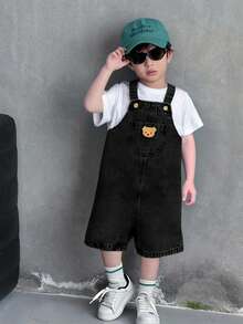SHEIN Young Boy Cartoon Pattern Casual Versatile Daily Wear Denim Bib Shorts - Black - View 1