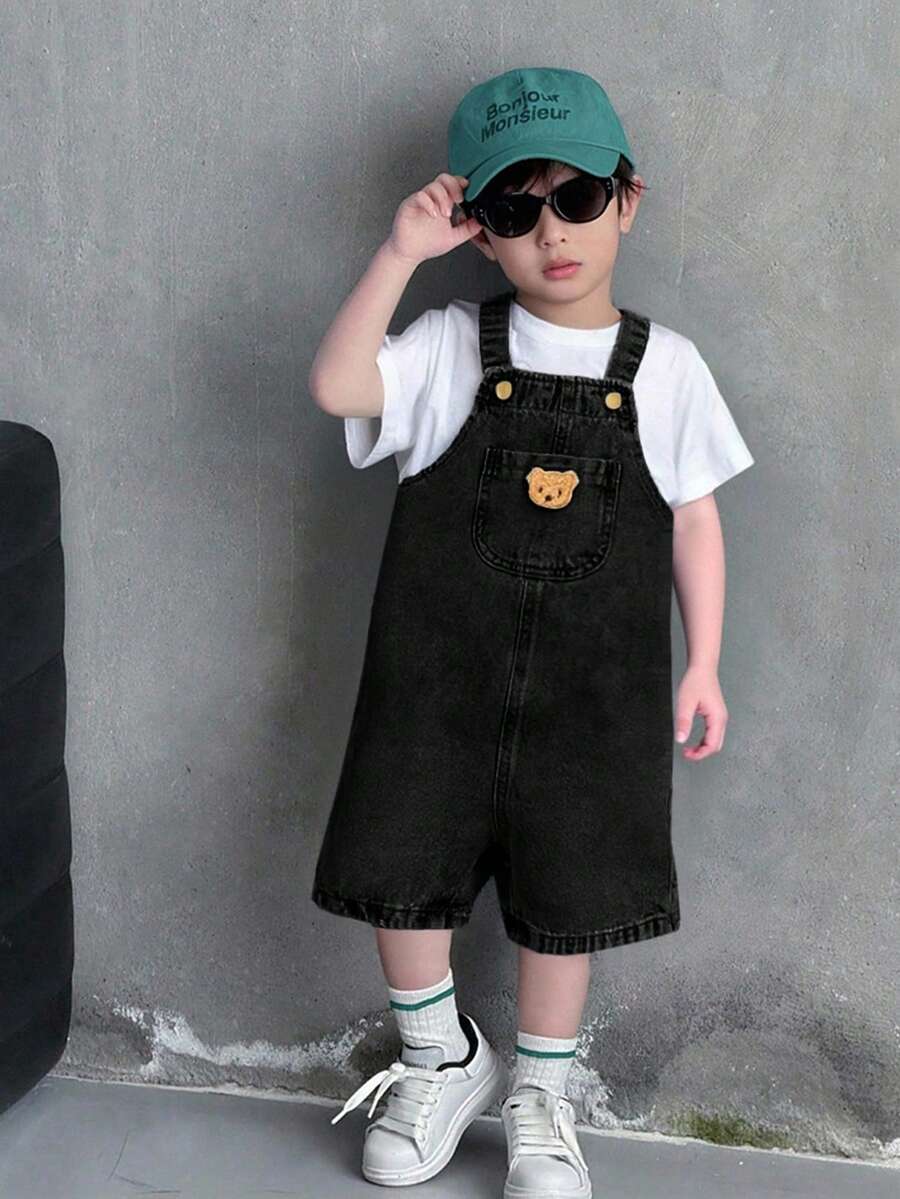 SHEIN Young Boy Cartoon Pattern Casual Versatile Daily Wear Denim Bib Shorts - Black - View 1
