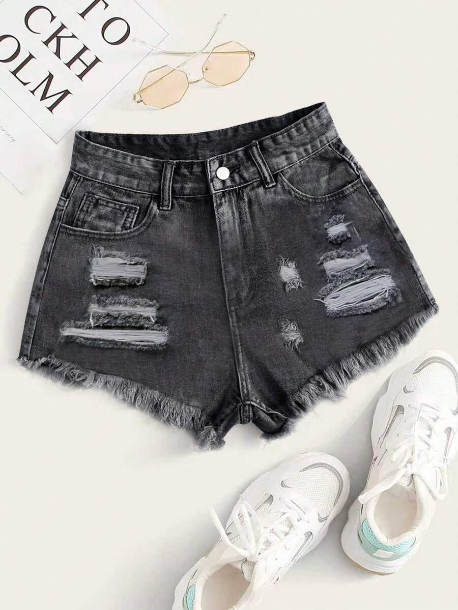 Breezaya Women's Pocketed Button Distressed Frayed Hem Casual Everyday Denim Shorts - Black and White - View 1