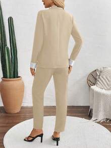 EMERY ROSE 女士条纹吊带背心、单排扣长袖外套和长裤休闲通勤套装 - 卡其色 - 查看 2