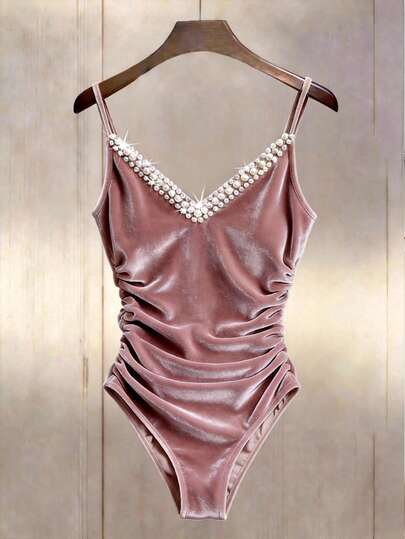 Franclia Women's Versatile V-Neck Elegant Apricot Velvet Bodysuit, Decorated With Multiple Rows Of Pearls On The Front Neckline, Waist Ruching On Both Sides For A Cinched Waist, Suitable For All Seasons Wear, From Office To Date Night, From City Streets To Holiday Trips, Versatile, Commute, Daily, Meeting, Business, Office, Date, Gala, Graduation, Professional Teacher Attire, Christmas New Year Outfit, Casual Gathering, Travel, Capable, Elegant, Minimalist, Presence-Commanding Bodysuit