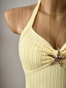Bellisia Traje de baño de una pieza elegante de color amarillo limón con falda tipo pastel, adecuado para la playa, la piscina, actividades casuales al aire libre, fiestas y vacaciones en primavera y verano - Amarillo claro - Ver 6