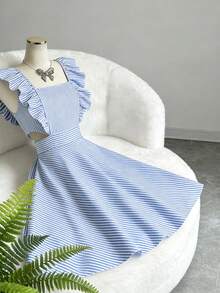 Elenzga Women's Casual Commuter Striped Ruffle Hem Sleeveless Dress, Summer - Blue and White - View 4