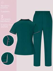 TaskEZ Scrubs Set: V-Neck Short Sleeve Top & Pants Scrub Uniform For Healthcare Workers - Dark Green - View 2