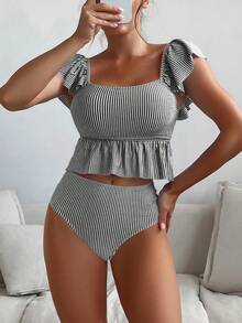 Swim Basics 女士夏季沙滩条纹荷叶边吊带泳衣套装 - 黑色 - 查看 1