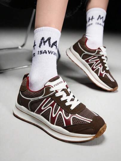 Vate Women's Chunky Sneakers, Lace-Up Thick Sole Casual Athletic Shoes, Summer Mesh Breathable Platform Shoes, Lightweight Soft Bottom Sports Shoes, Fashionable Patchwork Design Student Casual Shoes