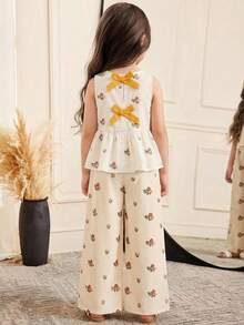 SHEIN 2pcs/Set Young Girl Ditsy Floral Sleeveless Tank Top & Loose Casual Pants Set,Kids - Apricot - View 3